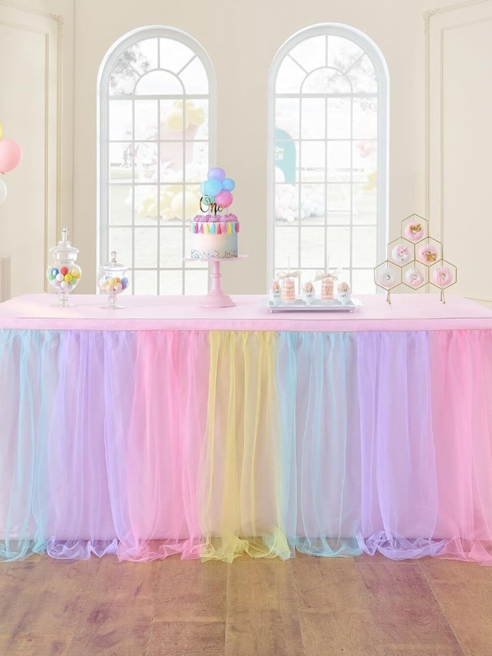 72in Rainbow Tulle Table Skirts for Rectangle Tables 6/4ft, 2-Layer Pastel Color